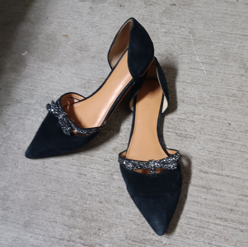 J. Crew Black Suede D'Orsay Flats with Glitter Bow Sz.7.5